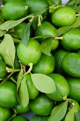 green limes with sprigs and leaves on a market in a basket
