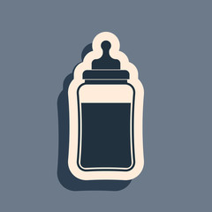 Black Baby bottle icon isolated on grey background. Feeding bottle icon. Milk bottle sign. Long shadow style. Vector Illustration