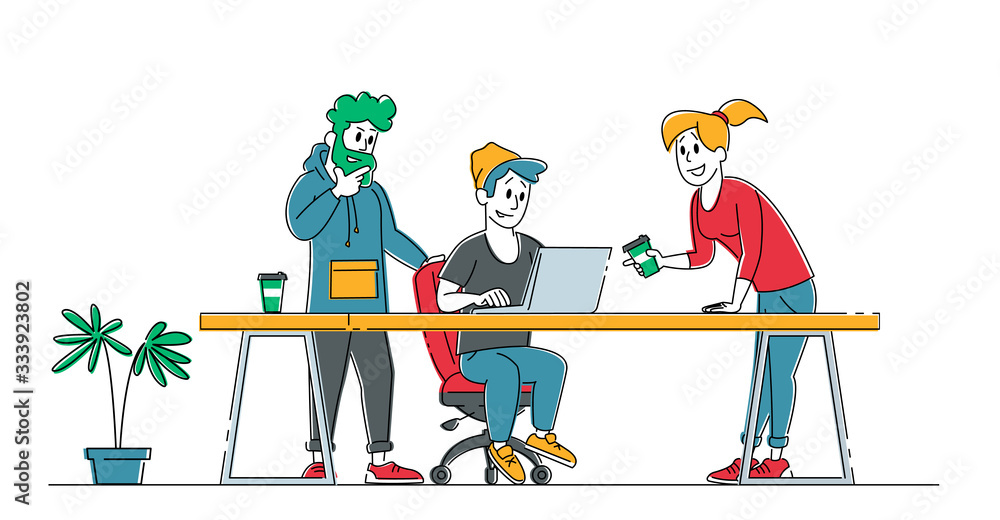 Poster creative teamwork process in office concept. business people characters stand at desk with pc discus