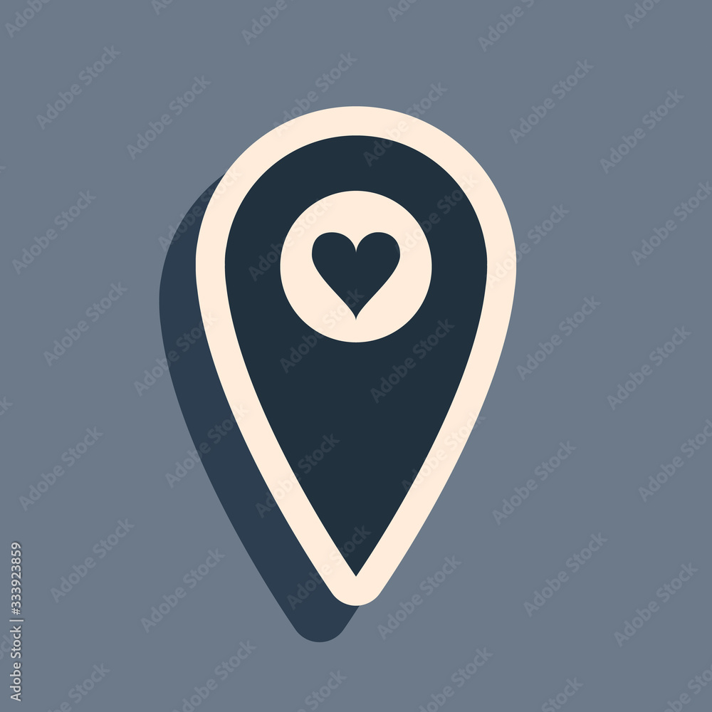 Poster black map pointer with heart icon isolated on grey background. valentines day. love location. romant