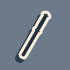 Black Police rubber baton icon isolated on grey background. Rubber truncheon. Police Bat. Police equipment. Long shadow style. Vector Illustration