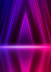 Background empty show scene. Ultraviolet dark abstract background. Geometric neon shapes, neon glow, blue and pink lighting