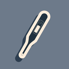 Black Medical digital thermometer for medical examination icon isolated on grey background. Long shadow style. Vector Illustration