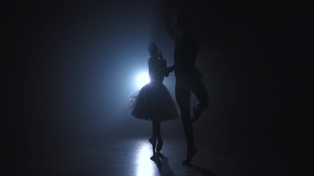 Graceful ballerina and her male partner dancing elements of classical or modern ballet in dark with floodlight backlight. Couple in smoke on black background. Art concept. 