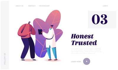 Gastroenterology Health and Healthcare Landing Page Template. Woman Doctor Character Write Recipe to Man Patient Suffering from Stomachache or Appendicitis Disease. Cartoon People Vector Illustration