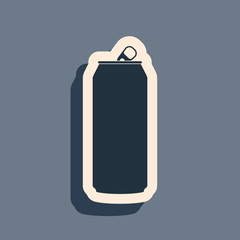 Black Aluminum can icon isolated on grey background. Long shadow style. Vector Illustration