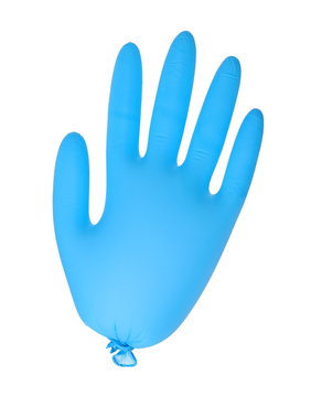 Blown Up Blue Latex Surgical Glove Isolated On White Background