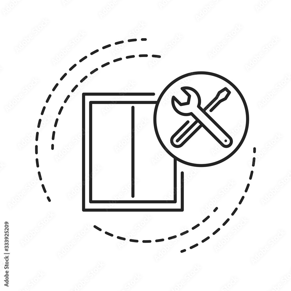 Poster window installation black line icon. setting the window and window's sill into the opening. handyman