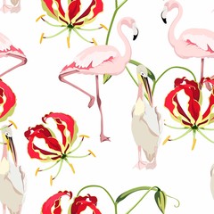 Obraz na płótnie Canvas Tropical vintage exotic red Gloriosa flowers glory lily, pelican, flamingo floral seamless pattern, white background. Exotic jungle bird wallpaper.