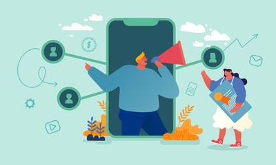 Referral Marketing, Affiliate Program, Partnership Concept. Male Character with Megaphone at Smartphone Screen Online Business, Network Strategy, Referring Friends. Cartoon People Vector Illustration