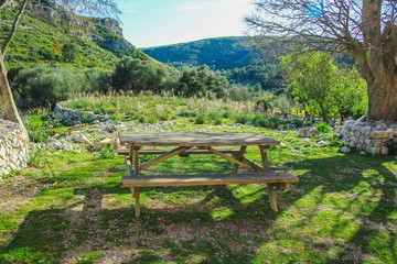 Fototapeta na wymiar Sitting area at Parc natural de la peninsula de Llevant on the island of Mallorca, Spain