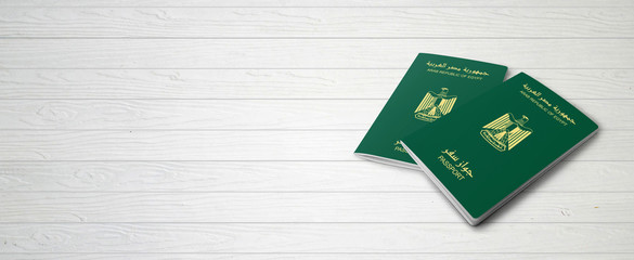 Egyptian Passports on Wood Lines Background Banner with Copy Space - 3D Illustration