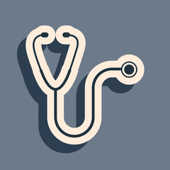Black Stethoscope medical instrument icon isolated on grey background. Long shadow style. Vector Illustration