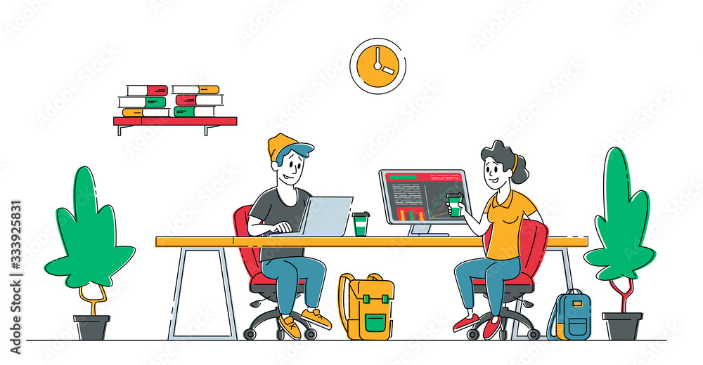 Poster teamwork and partnership concept. creative people characters in office working together with laptop 