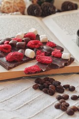 Crafted handmade chocolate bar with marshmallow and berries, coffee beans and good book