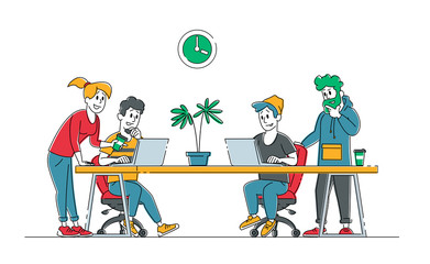 Creative People Business Team Group Sitting at Office Desk with Laptops Working in Studio. Office Employees Characters, Businesspeople Work in Coworking Company, Teamwork. Linear Vector Illustration
