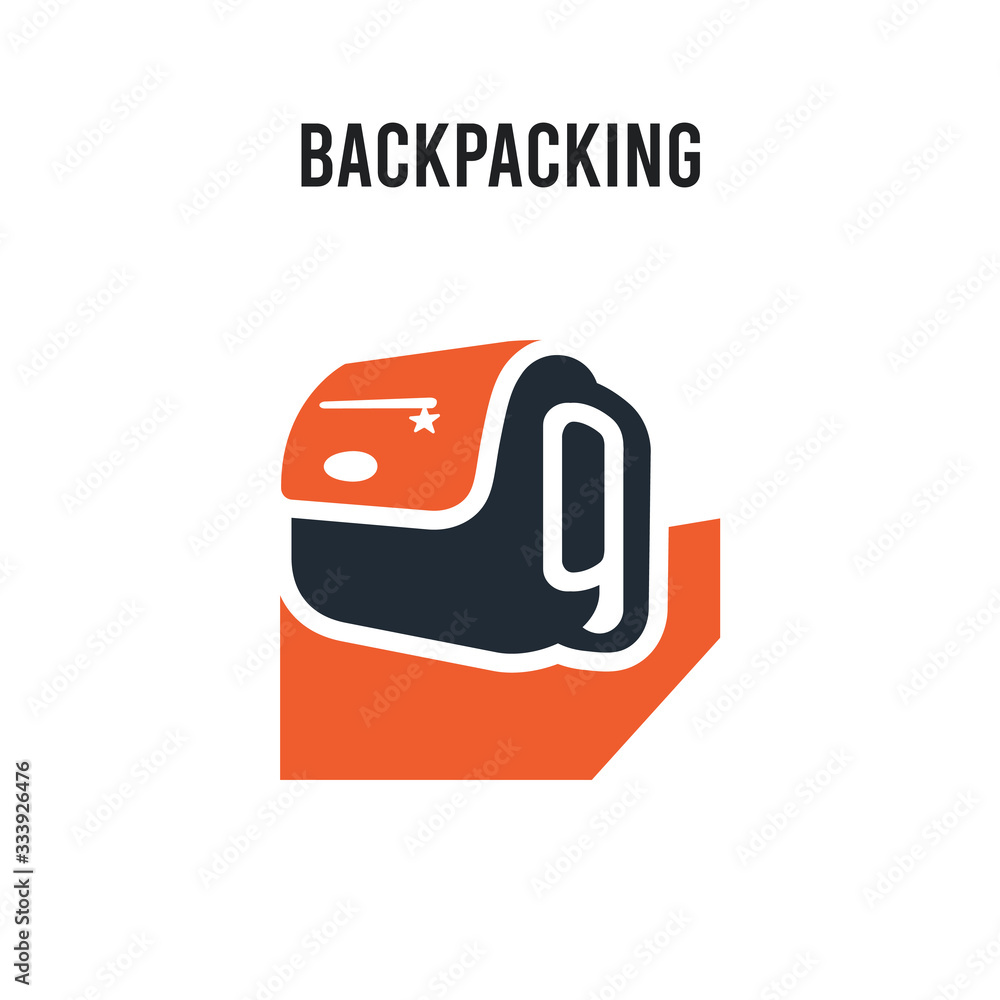 Poster backpacking vector icon on white background. red and black colored backpacking icon. simple element 