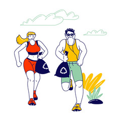 Male and Female Sports Characters Plogging Concept. Running People Man and Woman with Garbage Bags Jog, Collecting Trash and Plastic for Recycling, Environmental Protection. Linear Vector Illustration