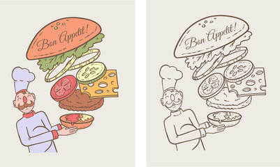 cook makes a hamburger hand-drawn vector illustration