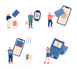 Set of Characters Online Noncontact Payment. Buyers Hold Credit Cards and Gadgets. People with Purchases at Cashier, Salesman Prepare Pos Terminal for Cashless Paying. Cartoon Vector Illustration