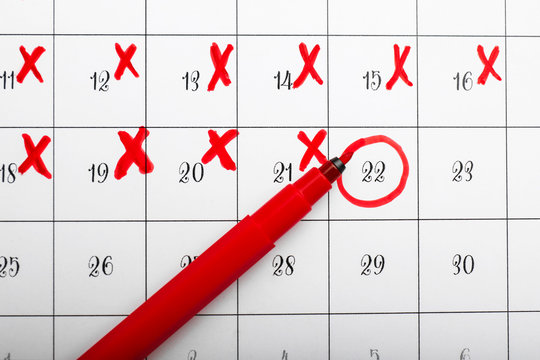 Calendar with marked date, closeup. Deadline concept