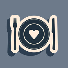 Black Heart on plate, fork and knife icon isolated on grey background. Happy Valentine's day. Long shadow style. Vector Illustration