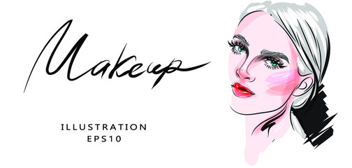 Vector illustration on the theme of makeup and beauty. Stylish art sketch. Hand drawn glamour young woman face makeup with beautiful eyes vector. Cute face with makeup. 