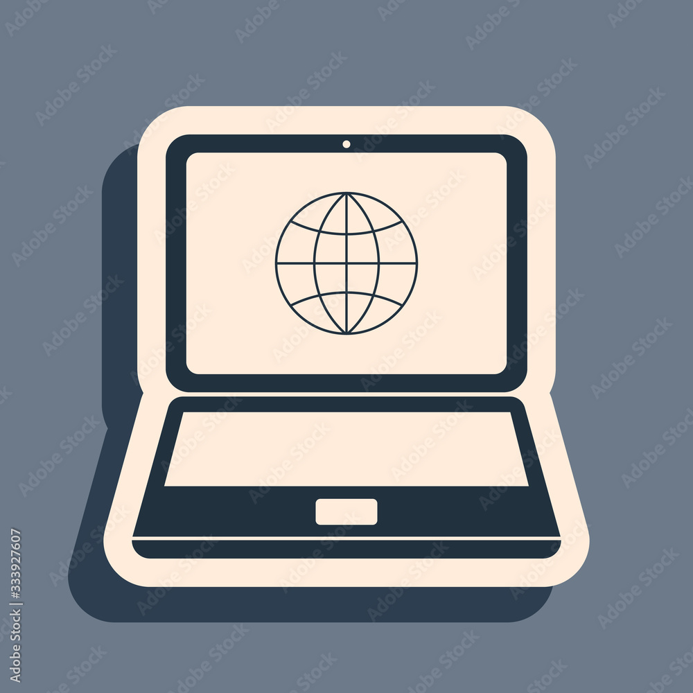 Poster black globe on screen of laptop icon isolated on grey background. notebook computer with globe sign.