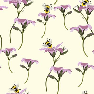 Vintage honey bee, with wild flowers. Seamless pattern backdrop. Trendy art colorful on light cream color background.