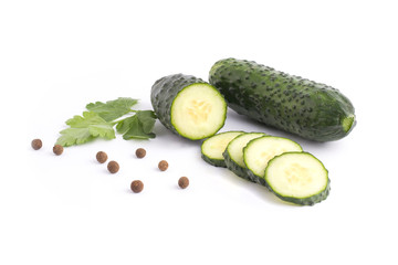 Cucumbers on a white background.Fresh vegetables on a white background. cucumber cut on a white background