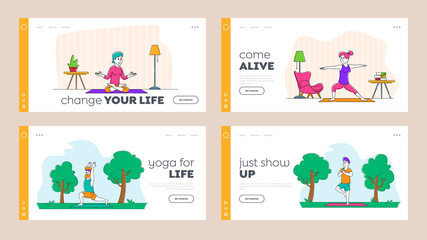 Yoga Exercising Healthy Lifestyle Landing Page Template Set. Male Female Characters Training Outdoor Doing Asana and Pilates Stretching Workout. People Conduct Sports Life. Linear Vector Illustration