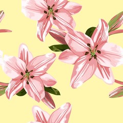 Beautiful pink lilies flowers. Seamless pattern on yellow background.
