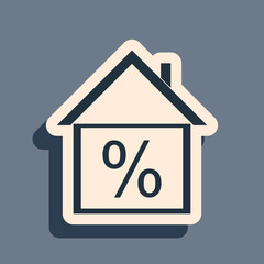 Black House with discount tag icon isolated on grey background. House percentage sign price. Real estate home. Credit percentage symbol. Money loan.Long shadow style. Vector Illustration