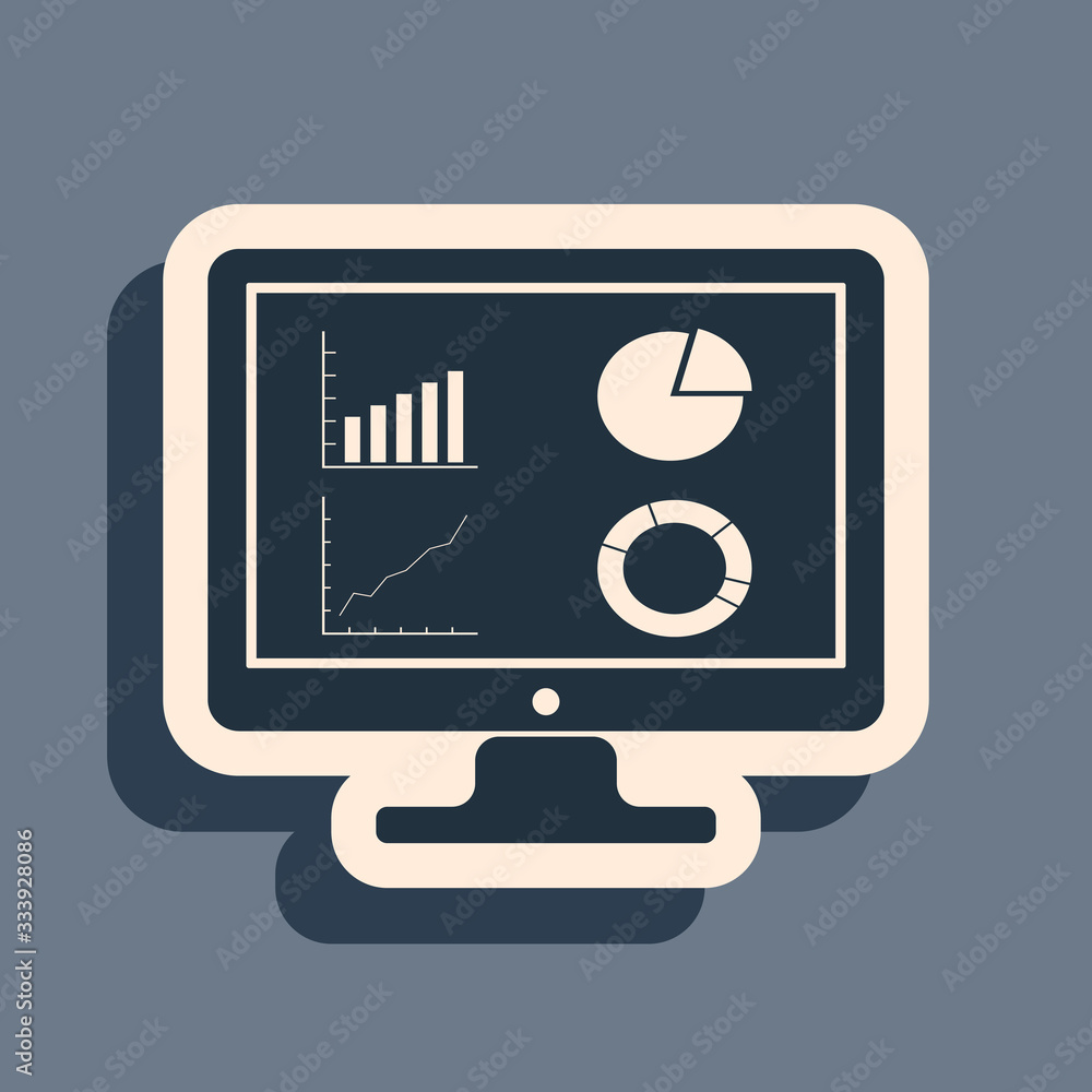 Poster black computer monitor with graph chart icon isolated on grey background. report text file icon. acc