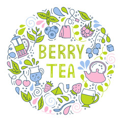Berry tea. Round hand-drawn poster with lettering. Vector frame for menu design, packaging, signage and advertising. Composition with abstract doodle elements.