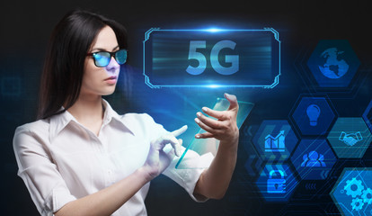 Business, Technology, Internet and network concept. Young businessman working on a virtual screen of the future and sees the inscription: 5G