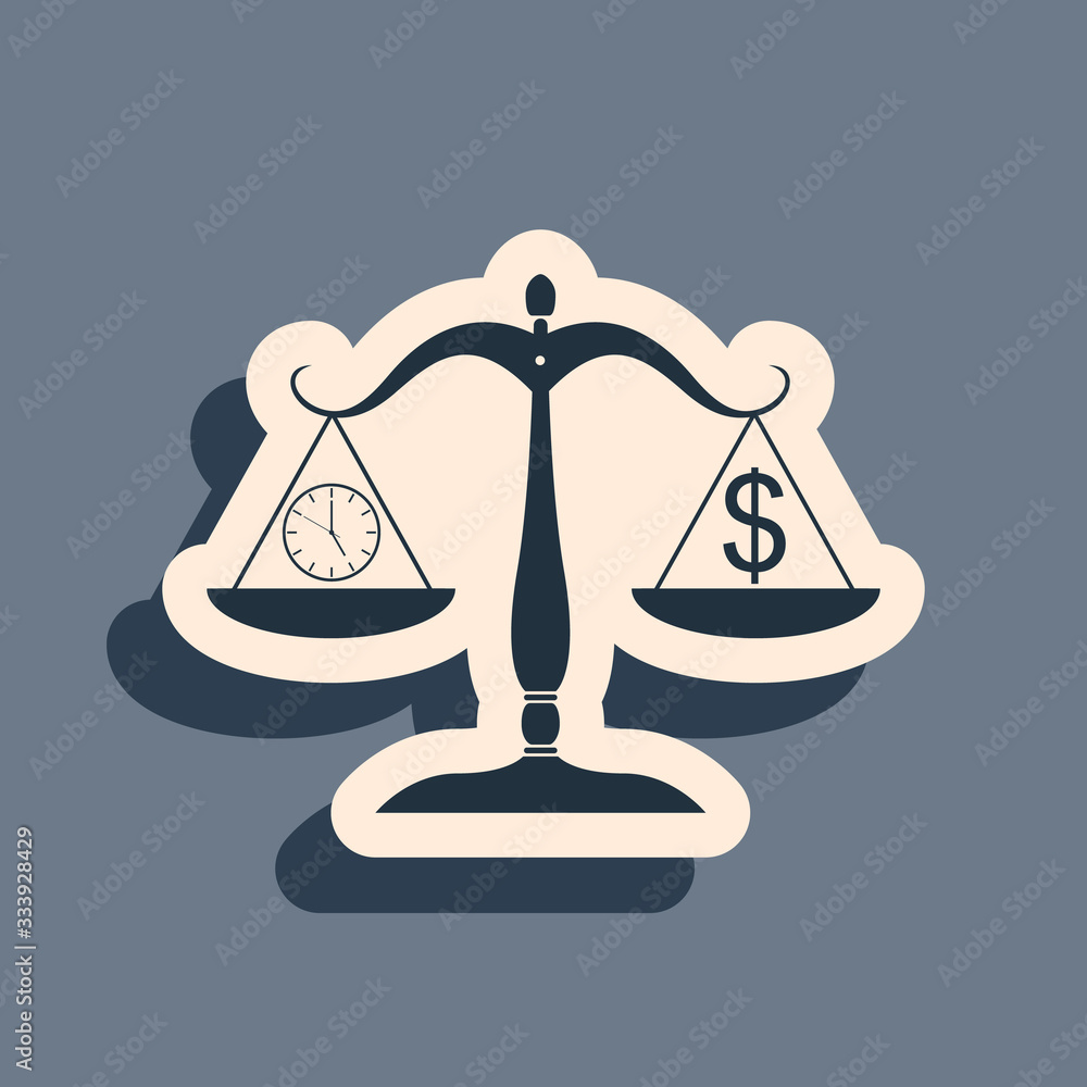 Poster black scale weighing money and time icon isolated on grey background. scales with hours and a coin. 
