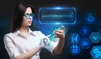 Business, Technology, Internet and network concept. Young businessman working on a virtual screen of the future and sees the inscription: Customization