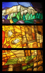 View the elements of life, detail of stained glass window by Sieger Koder in Benediktbeuern Abbey, Germany