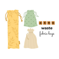 Zero waste. Three different eco bags with pattern for food on a white background. Isolated vector illustration