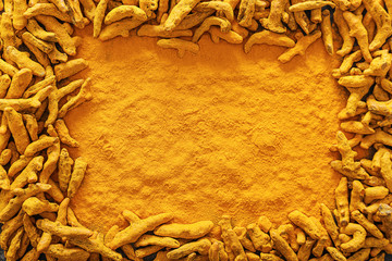 Aromatic turmeric as background, top view