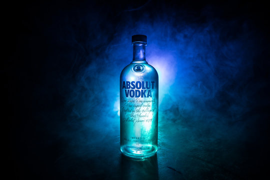 BAKU, AZERBAIJAN - FEB 09, 2020: Absolut Vodka is a brand of vodka, produced near Ahus, in Sweden. Owned by French group Pernod Ricard it is one of the largest brand of alcoholic spirits in the world.