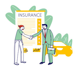 Accident Insurance Concept. Agent Character Shaking Hand to Client front of Huge Policy Paper Document. Health Protection, Secure and Financial Guarantee Contract. Linear People Vector Illustration