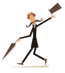 Walking mustache man in the top hat isolated illustration. Cheerfulness long mustache man in the top hat walking with umbrella isolated on white illustration
