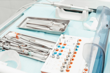 Dentist tools. Dentist workplace equipment set. Health and medicine. Close-up