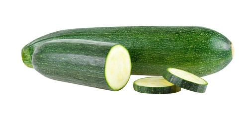 Fresh green zucchini with slice isolated on white background.