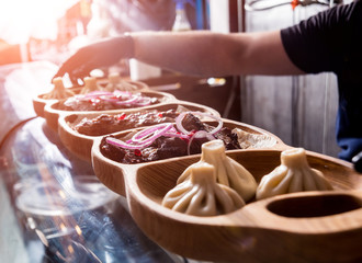 Georgian cuisine food set. Georgian restaurant. Restaurant background.