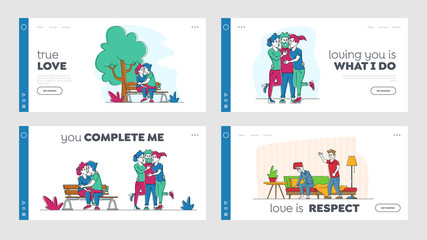 Kissing People, Love and Home Scandal Landing Page Template Set. Male and Female Characters Kiss, Hug and Spend Time Together. Wife and Husband Quarrel and Spouse Violence. Linear Vector Illustration