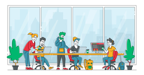 Business People Characters Sitting at Desk Discussing Idea in Office. Team Project Development, Teamwork Process. Creative Employees Working on Laptops and Communicate. Linear Vector Illustration
