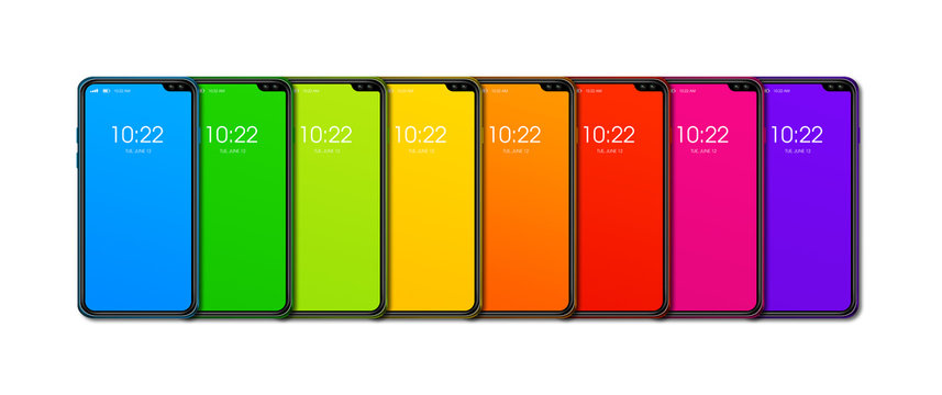 Rainbow colorful smartphone set banner. Isolated on white. 3D render